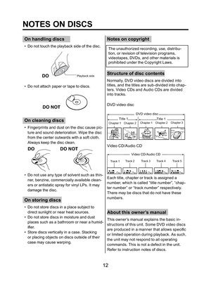 Page 1212
NOTES ON DISCS
On handling discs
•  Do not touch the playback side of the disc.
•  Do not attach paper or tape to discs.
On cleaning discs
•  Fingerprints and dust on the disc cause pic-
ture and sound deterioration. Wipe the disc 
from the center outwards with a soft cloth. 
Always keep the disc clean.
•  Do not use any type of solvent such as thin-
ner, benzine, commercially available clean-
ers or antistatic spray for vinyl LPs. It may 
damage the disc.
On storing discs
•  Do not store discs in a...