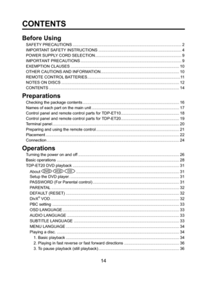 Page 1414
CONTENTS
Before Using
SAFETY PRECAUTIONS ................................................................................................. 2
IMPORTANT SAFETY INSTRUCTIONS .......................................................................... 4
POWER SUPPLY CORD SELECTION ............................................................................. 9
IMPORTANT PRECAUTIONS .......................................................................................... 9
EXEMPTION CLAUSES...