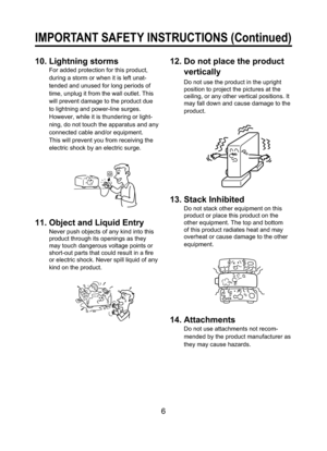 Page 66
IMPORTANT SAFETY INSTRUCTIONS (Continued)
10. Lightning storms
For added protection for this product, 
during a storm or when it is left unat-
tended and unused for long periods of 
time, unplug it from the wall outlet. This 
will prevent damage to the product due 
to lightning and power-line surges.
However, while it is thundering or light-
ning, do not touch the apparatus and any 
connected cable and/or equipment.
This will prevent you from receiving the 
electric shock by an electric surge.
11....