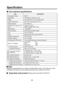 Page 5656
Speciﬁ cation
Item Speciﬁ cation
Consumption Power 340 W
Input Rating 100~240V AC, 50~60 Hz, 4.0A
Weight 4.8 kg (TDP-ET10)  5.0 kg (TDP-ET20)
External Dimensions 321 x 154 x 344 mm (W × H × D)
Cabinet material PC+ABS resin
Conditions for usage environ-
mentTemp: 5°C to 35°C;
relative humidity: 30% to 70%
Display pixels 1 chip DMD™
Picture elements 409, 920 pixels (854H x 480V)
Lens F=2.6 f=7.56 mm
Lamp High-pressure mercury lamp (230 W)
Projection screen size 38~134 inches
Projection distance 0.5~1.9...