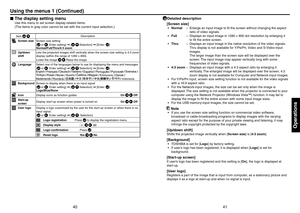 Page 214041
Operations
Using the menus 1 (Continued)
The display setting menu
Use this menu to set screen display-related items.
(The items in gray color cannot be set with the current input selection.)
Item  Description
Screen sizeScreen size setting
[
 or : Enter setting]  
[:Selection]  [Enter: ]
Normal/Full/Thru/4:3 zoom
Up/down 
shift Lets the projected images shift vertically when the screen size setting is 4:3 zoom 
display (within the range of 1280 × 800).
Lower the image 
 Raise the image
Language...