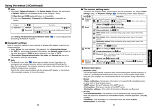 Page 295657
Operations
 Note
If you select [Network Projector] in the Setting display (2) menu, the same items 
in [Network Utility] will be displayed except for the following 2 items.
1 [Easy Connect (USB memory)] feature is not available.
2 In the item [Application], [Password] and [Disconnect] are available as 
follows.
Category Item  Description
  ApplicationPassword
Set password On  Off
DisconnectDisconnect while transferring an image using Network Projector.
[Ye s  No]  [Enter: ]
See “Setting the Network...