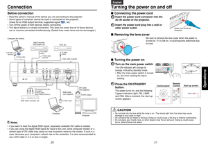 Page 1121
20
Operations
English
Français
Español
Deutsch
Italiano
Português
Svenska
■Turning the power on1
Turn on the main power switchThe ON indicator will change to
orange, indicating standby mode.
• After the main power switch is turned
on, the inner cooling fan starts
cooling.
2
Press the ON/STANDBY
button.The power turns on, and the following
3 green indicators light: ON, LAMP,
and FAN. After a moment, the start-up
screen appears.
(Orange)
p.43
Before connection•Read the owner’s manual of the device you...