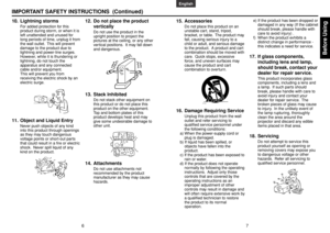 Page 4Before Using
7
6
English
Français
Español
Deutsch
Italiano
Português
Svenska
IMPORTANT SAFETY INSTRUCTIONS  (Continued)
15. Accessories
Do not place this product on an
unstable cart, stand, tripod,
bracket, or table.  The product may
fall, causing serious injury to a
child or adult, and serious damage
to the product.  A product and cart
combination should be moved with
care.  Quick stops, excessive
force, and uneven surfaces may
cause the product and cart
combination to overturn.
S3125A
16. Damage...