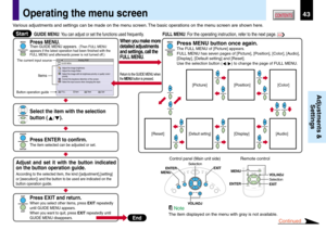 Page 4343CONTENTS
Adjustments &
Settings
Operating the menu screen
Continued
FULLItemNextQuit
Adjust the image brightness.
Select the image with its brightness priority or quality (color)priority.Correct the keystone distortion of the screen.Select the input source when changing the input.
Adjust the image flicker.
EXITENTERMENU
GUIDE MENUAnalog RGB
Items
Button operation guideThe current input source
MENU
ENTER
CT-90106EXIT /
P.MODE
VOL / ADJ
End
Press MENU.Then GUIDE MENU appears.  (Then FULL MENU 
appears if...