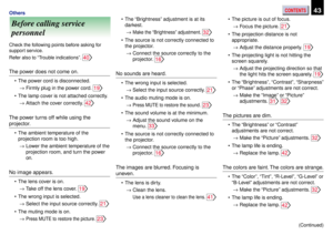 Page 43CONTENTS43Others
Before calling service
personnel
Check the following points before asking for
support service.
Refer also to “Trouble indications”. 
40
The power does not come on.
  •The power cord is disconnected.
→Firmly plug in the power cord. 
19
  •The lamp cover is not attached correctly.
→Attach the cover correctly. 
42
The power turns off while using the
projector.
  •The ambient temperature of the
projection room is too high.
→Lower the ambient temperature of the
projection room, and turn the...