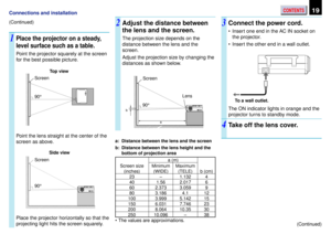 Page 19CONTENTS19Connections and installation
(Continued)
1Place the projector on a steady,
level surface such as a table.
Point the projector squarely at the screen
for the best possible picture.
Point the lens straight at the center of the
screen as above.
Place the projector horizontally so that the
projecting light hits the screen squarely.
Top view
Side viewa: Distance between the lens and the screen
b: Distance between the lens height and the
bottom of projection area
Adjust the distance between
the lens...