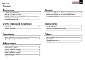 Page 10CONTENTS10Before use
Contents
Before use
SAFETY PRECAUTIONS ...............................................................2
IMPORTANT PRECAUTIONS ....................................................... 3
IMPORTANT SAFETY INSTRUCTIONS ..................................... 4
Power supply cord selection ............................................................. 9
Part names and functions .............................................................. 11
Connections and installation
Connections...