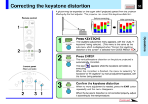 Page 3535
Operations
1 2KEYSTONE
AUTOSET
EXIT
ON / STANDBYVOL / ADJ
ENTER
MENU
INPUT
FAN
TEMP
LAMP
ON
MENUON/STANDBY INPUT
L-CLICK R-CLICK
ENTERKEYSTONE
AUTO
SET
EXIT
PIPFREEZEMUTE CALL
RESIZE
VOLUME/ADJUSTLASER
KEYSTONEKEYSTONE
123
ENTER
ENTEREXIT
EXIT
1
3 2
3
Continued
Press KEYSTONEThe keystone adjustment menu appears, with the Auto. V-
keystone being selected.  (This menu is the same as the
sub-menu which is displayed when Correct the keystone
distortion of the screen is selected from GUIDE MENU....