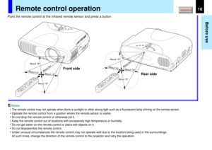 Page 1616
Before use
RESIZEMENU
PIPFREEZEMUTE CALL
ON/STANDBY
LASER INPUT
ENTER
AUTO
EXIT VOLUME/ADJUST
SET
R-CLICK
L-CLICK
KEYSTONEAbout 15
°
About 15
°
About 15
°
About 5m
About 15
°
RESIZEMENU
PIPFREEZEMUTE CALL
ON/STANDBY
LASER INPUT
ENTER
AUTO
EXIT VOLUME/ADJUST
SET
R-CLICK
L-CLICK
KEYSTONEAbout 15
°
About 15
°
About 15
°
About 5m
About 15
°
Remote control operation
Point the remote control at the infrared remote sensor and press a button.•The remote control may not operate when there is sunlight or other...