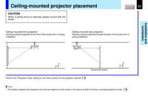 Page 2121
Installation and
connection
Ceiling-mounted projector placement
Perform the Projection mode setting on the menu screen for the projection method.
• The relation between the projection size and the distance to the screen is the same as that of the floor-mounted projection mode.
CAUTIONWhen a ceiling mount is required, please consult with the
dealer.
Ceiling-mounted front projection
Viewing a picture projected on the front of the screen from a ceiling
installation.
Ceiling-mounted rear projectionViewing...