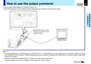 Page 2727
Installation and
connection
USB
COMPUTER IN 1
COMPUTER IN 2
S-VIDEO VIDEO
VIDEO IN
R - AUDIO - L
AUDIO
IN(
Y/PB/PR )
MONITOR
OUTCONTROL
Continued
Computer monitor, etc.
• The analog RGB signals or Y/P
B/PR signals of the COMPUTER IN 1 or COMPUTER IN 2 connector selected by the input select operation are output
from the MONITOR OUT connector.  If neither of these input sources is selected, the signal of the COMPUTER IN 1 connector is output. (Digital RGB
signals are not output.)
• Signals are output...