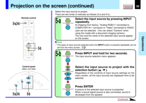 Page 3030
Operations
MENUON/STANDBY INPUT
L-CLICK R-CLICK
ENTERKEYSTONE
AUTO
SET
EXIT
PIPFREEZEMUTE CALL
RESIZE
VOLUME/ADJUSTLASER
5-a
INPUT
INPUT
5-b
INPUT
INPUT
5-a,5-b
5-b
5-a,5-b 5-b
KEYSTONE
AUTOSET
EXIT
ON / STANDBYVOL / ADJ
ENTER
MENU
INPUT
FAN
TEMP
LAMP
ON
ENTER
ENTER
Continued
Select the input source to project.
There are two kinds of methods as follows (5-a and 5-b.)
Select the input source by pressing INPUT
repeatedly.At shipping from factory, Analog RGB(1) connected to
COMPUTER IN 1 connector or...