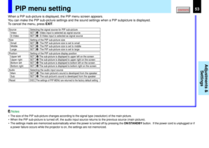 Page 5353
Adjustments &
Settings
Reset
The settings of PIP MENU are returned to the factory default setting
EXEC.Selecting the signal source for PIP sub-pictureSetting of the PIP sub-picture size
Source
: Video input is selected as signal source
SET
Video
: S-Video input is selected as signal source
SET
S-VideoSize
: The PIP sub-picture size is set to small
SET
Small
: The PIP sub-picture size is set to middle
SET
Middle
Selecting the audio input source
Audio
: The main pictures sound is developed from the...