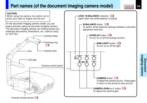 Page 5454
Document
imaging camera
STORE
CAMERAARM LIGHT
LOCKW.BALANCEGAIN
FOCUS
OVERLAY
CAMERAARM LIGHT
LOCK
W.BALANCE
CAMERAGAIN
Part names (of the document imaging camera model)
CAUTION
When using the camera, be careful not to
pinch your hand or fingers into the arm.
On the document imaging camera model, you can
project pictures using the document imaging camera.
The document imaging camera can directly project any
materials (documents, illustrations, etc.) without using
an OHP film.
Camera control...