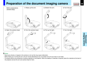 Page 5555
Document
imaging camera
STORE
CAMERAARM LIGHT
LOCKW.BALANCEGAIN
FOCUS
STORE
CAMERAARM LIGHT
LOCKW.BALANCEGAIN
FOCUS
STORE
CAMERAARM LIGHT
LOCKW.BALANCEGAIN
FOCUS
STORE
CAMERAARM LIGHT
LOCKW.BALANCEGAIN
FOCUS
STORE
CAMERAARM LIGHT
LOCKW.BALANCEGAIN
FOCUS
1) Raise up the arm.
Before preparations
(stowed away)2) Stretch the arm. 3) Turn the arm.
4) Open the camera head. 5) Turn the camera head. 6) Pull up the light. 7) Turn the light.
STORE
CAMERAARM LIGHT
LOCKW.BALANCEGAIN
FOCUS
STORE
CAMERAARM LIGHT...