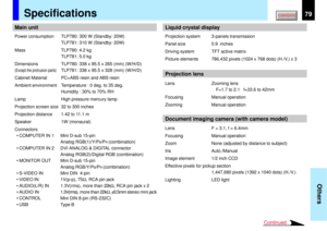 Page 7979
Others
Main unitPower consumption TLP780: 300 W (Standby: 20W)
TLP781: 310 W (Standby: 20W)
Mass TLP780: 4.2 kg
TLP781: 5.0 kg
Dimensions TLP780: 338 x 95.5 x 265 (mm) (W/H/D)(Except the protrusion parts)
TLP781: 338 x 95.5 x 328 (mm) (W/H/D)
Cabinet Material PC+ABS resin and ABS resin
Ambient environment Temperature : 0 deg. to 35 deg.
Humidity : 30% to 70% RH
Lamp High pressure mercury lamp
Projection screen size 32 to 300 inches
Projection distance 1.42 to 11.1 m
Speaker 1W (monaural)
Connectors
•...