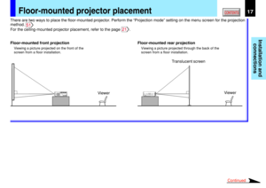 Page 17Installation and
connections
CONTENTS17Floor-mounted projector placement
Floor-mounted front projection
Viewing a picture projected on the front of the
screen from a floor installation.
Floor-mounted rear projection
Viewing a picture projected through the back of the
screen from a floor installation.
Viewer Translucent screen
Viewer There are two ways to place the floor-mounted projector. Perform the “Projection mode” setting on the menu screen for the projection
method. 
51
For the ceiling-mounted...