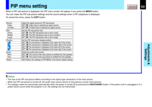 Page 5353CONTENTS
Adjustments &
Settings
PIP menu setting
Reset Return the settings of PIP MENU to the factory default setting.EXEC.
Select the signal source for PIP sub-picture.
Set the PIP sub-picture size.
Source
: Video input is selected as signal source.SETVideo
: S-Video input is selected as signal source.SETS-Video
Size
: The PIP sub-picture size is set to small.SETSmall
: The PIP sub-picture size is set to medium.SETMiddle
Select the audio input source.Audio
: The sound of the main picture is emitted...