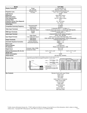 Page 1
ModelTLP-790U
Display TechnologyShape1 LCD with MLA x 3No. of Pixels786,432 (1,024 x 768)
Projection LensStandard Lens1.25x manual zoom/manual focus F/f (mm)F1.7 - 2.1, f = 33.6 -42mmLight Source250W
Brightness3000 ANSI lumens
Native ResolutionXGA 1,024 x 768
Color ReproductionFull 16.7 Million Colors
Contrast Ratio400:1
Projection Screen Size (diagonal)32 - 300 inches
Projection Distance4.3 - 33.5 ft.
Throw Ratio1.7 - 2.2
Compatible Scanning FrequencyHorizontal (kHZ)15-93kHzVertical (Hz)50-85Hz
Video...