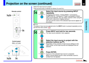 Page 3030
Operations
CONTENTS
Select the input source by pressing INPUT
repeatedly.
At shipping from factory, “Analog RGB(1)” connected to
COMPUTER IN 1 connector or “Video” connected to VIDEO
Jack can be selected. (You can select “Camera” when using the
model with a document imaging camera.)
The icon and the name of the selected input source appear on
the screen.
Projection on the screen (continued)
5-a
5-b
MENUON/STANDBY INPUT
L-CLICK R-CLICK
ENTER
KEYSTONEAUTO
SET
EXIT
PIP
FREEZE
MUTE CALLRESIZE...