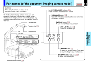 Page 5454CONTENTS
Document
imaging camera
Part names (of the document imaging camera model)
CAUTION
When using the camera, be careful not to
pinch your hand or fingers into the arm.
On the document imaging camera model, you can
project pictures using the document imaging camera.
The document imaging camera can directly project any
materials (documents, illustrations, etc.) without using an
OHP film.
5756
59
60
60
57
58
16
ArmCamera head
Camera lens
LED lightFocusing ring
Camera control panel
CAMERA GAIN (+/
-)...