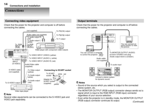 Page 14Connections and installation14
Connections
(Continued)
Connecting video equipment
Check that the power for the projector and computer is off before
connecting the cables.
Output terminals
Check that the power for the projector and computer is off before
connecting the cables.
Notes
¥ Sound of the source which you select is output to the connected
stereo system, etc.
¥ The MONITOR OUTPUT (RGB output) connector always sends out a
signal which is input to the RGB INPUT (RGB input) connector
regardless of...