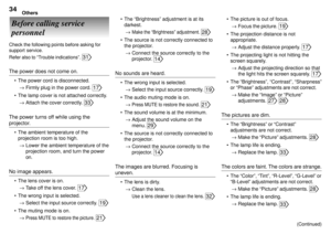 Page 3434Others
Before calling service
personnel
Check the following points before asking for
support service.
Refer also to ÒTrouble indicationsÓ. 
31
The power does not come on.
  ¥ The power cord is disconnected.
®Firmly plug in the power cord. 
17
  ¥ The lamp cover is not attached correctly.
®Attach the cover correctly. 
33
The power turns off while using the
projector.
  ¥ The ambient temperature of the
projection room is too high.
®Lower the ambient temperature of the
projection room, and turn the power...
