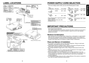 Page 5Before Using
89
LABEL LOCATIONS
CAUTION Label
Models with Document Camera
INPUTP
L
A
YWARNING Label
LASER WARNING
CAUTION Label (LASER)
CAUTION Label (LASER) Remote Control
MODEL NO. /
RATING Label
SERIAL NO. Label
MANUFACTURED;SERIAL NO.
WARNING Label
CAUTION Label
CAUTION Label
If your line voltage is 220 to 240V, use one of the following types of cable.Plug
configurationPlug type
Australian
240V
10A
North American240V
15A Switzerland
240V
6A Line voltage
EURO
UK220 – 240V
220 – 240V200 – 240V
200 –...