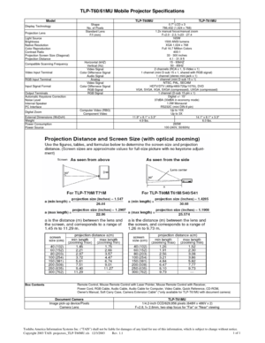 Page 1
TLP-T60/61MU Mobile Projector Specifications
ModelTLP-T60MUTLP-T61MU
Display TechnologyShape0.7 LCD x 3No. of Pixels786,432 (1,024 x 768)
Projection LensStandard Lens1.2x manual focus/manual zoomF/f (mm)F=2.0 - 2.3, f=23 - 27.4Light Source165W Brightness1500 ANSI lumensNative ResolutionXGA 1,024 x 768Color ReproductionFull 16.7 Million ColorsContrast Ratio 400:1Projection Screen Size (Diagonal)33 - 300 inchesProjection Distance4.1 - 31.9 ft
Compatible Scanning FrequencyHorizontal (kHZ)15 - 93kHZVertical...