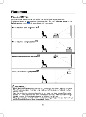 Page 21
22

Placement
Placement Styles
As shown in the ﬁgures below, this device can be placed in 4 different styles.
The factory setting is “ﬂoor-mounted front projection.” Set the [
Projection mode] in the 
Default setting menu p.36, in accordance with your needs.
 WARNING•  Always obey the instructions listed in IMPORTANT SAFETY INSTRUCTIONS when placing the unit. Attempting to clean/replace the lamp at a high site by yourself may cause you to drop down, thus resulting in injury.
•  If you wish to mount the...