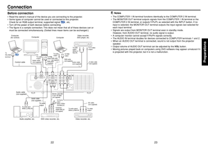 Page 1223 22
Preparations
p.89
Audio amplifier, etc. DVD video recorder, etc.Video recorder,
DVD player, etc.
Video recorder, etc.
Conversion
adapter BNC-pin
(not supplied)
Monitor cable Mini
D-sub 15P-BNC
(not supplied)
To audio input
White (L)/Red (R)To audio
output
White (L)/
Red (R)
AV  cable
(not supplied)S-video cable
(not supplied)To S-video
output
To video
output
Before connection•Read the owner’s manual of the device you are connecting to the projector.
•Some types of computer cannot be used or...