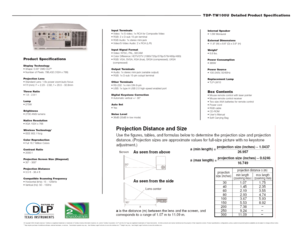 Page 2TDP-TW100U Detailed Product Specifications 
Internal Speaker

External Dimensions 

Weight
2

Power Consumption

Power Source

Replacement Lamp
Box Contents






 Input Terminals




Input Signal Format



(compressed)
Output Terminals


Other Terminals


Digital Keystone Correction

Auto Set

Noise Level

Product SpecificationsDisplay Technology

®

Projection Lens


Throw Ratio

Lamp

Brightness

Native Resolution

Wireless Technology
1

Color Reproduction

Contrast Ratio

Projection Screen Size...