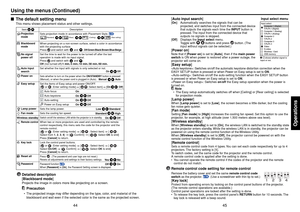 Page 2345
Operations
44
[Auto input search][On]: Automatically searches the signals that can be
projected, and switches input from the connected device
that outputs the signals each time the INPUT button is
pressed. The input from the connected device that
outputs no signals is skipped.
[Off]: Displays the Input select menu.
Toggle with 
 
 buttons and press 
 button. (The
input without signals can be selected.)
[Power on]Note that if [Power on] is set to [Auto], then if the main power
switch is ON when power...