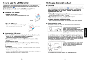 Page 2651
Operations
50
Setting up the wireless LAN■Functions
The following functions are available via wireless communications, when the wireless LAN
PC card and dedicated Wireless Utility software 
p.66
 included with this projector are used.
Note: A wireless LAN PC card except the supplied one (or recommended by
Toshiba) does not work with this product.  Please ask your dealer about the
available wireless LAN PC card.
1) Displaying a computer’s screen via the projector
The computer’s desktop screen can be...