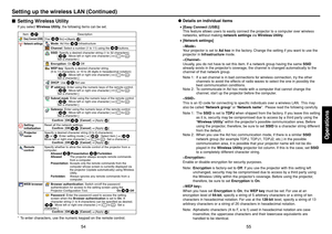 Page 2855
Operations
54
Setting up the wireless LAN (Continued)
●Details on individual items•[Easy Connect (USB)]
This feature allows users to easily connect the projector to a computer over wireless
networks, without making network settings via Wireless Utility.
•[Network settings]

Your projector is set to Ad hoc in the factory. Change the setting if you want to use the
projector in Infrastructure mode.

Usually, you do not have to set this item. If a network group having the same SSID
already exists in the...