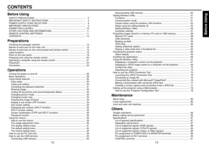 Page 7Before Using
13
12
CONTENTSBefore UsingSAFETY PRECAUTIONS .................................................................................. 2
IMPORTANT SAFETY INSTRUCTIONS ........................................................... 4
POWER SUPPLY CORD SELECTION .............................................................. 9
IMPORTANT PRECAUTIONS ........................................................................... 9
EXEMPTION CLAUSES...