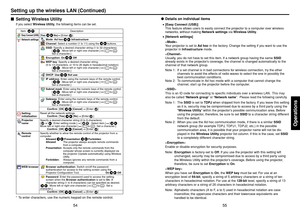 Page 2855
Operations
54
Setting up the wireless LAN (Continued)
●Details on individual items•[Easy Connect (USB)]
This feature allows users to easily connect the projector to a computer over wireless
networks, without making Network settings via Wireless Utility.
•[Network settings]

Your projector is set to Ad hoc in the factory. Change the setting if you want to use the
projector in Infrastructure mode.

Usually, you do not have to set this item. If a network group having the same SSID
already exists in the...