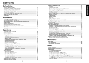 Page 7Before Using
13
12
CONTENTSBefore UsingSAFETY PRECAUTIONS .................................................................................. 2
IMPORTANT SAFETY INSTRUCTIONS ........................................................... 4
POWER SUPPLY CORD SELECTION .............................................................. 9
IMPORTANT PRECAUTIONS ........................................................................... 9
EXEMPTION CLAUSES...