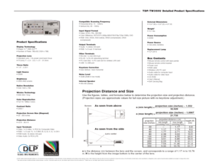 Page 2TDP-TW350U Detailed Product Specifications 
External Dimensions 

Weight
2

Power Consumption

Power Source

Replacement Lamp
Box Contents








 Compatible Scanning Frequency


Input Signal Format



(compressed)
Output Terminals


Other Terminals




Keystone Correction

Noise Level

Internal Speaker

Product SpecificationsDisplay Technology


Projection Lens


Throw Ratio

Light Source

Brightness

Native Resolution

Wireles Technology

1
Color Reproduction

Contrast Ratio

Projection Screen Size...