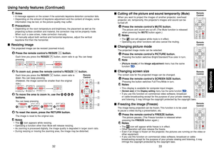 Page 1733
Operations
32
■
Cutting off the picture and sound temporarily (Mute)When you want to project the images of another projector, overhead
projector, etc. temporarily, this projector’s images and sound can be
turned off.
Press the remote control’s MUTE button.The picture and sound are cut off. (The Mute function is released
when pressing the MUTE button again.)Notes•The 
 icon will appear while mute is in effect.
•Operating any other functions will also cancel the muting.
■Changing picture mode
The...