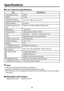 Page 4242
Specifications
ItemSpecification
Consumption Power280 W
Weight2.2 kg
External Dimensions
(including protruding parts)270 x 98 x 198 mm (W x H x D) 
Cabinet materialPC resin
Conditions for usage environ-
ment
Temp:	5°C	to	35°C; 	relative	humidity: 	80%
Display pixels1 DLP® chip
Picture elements786,432 pixels (1024H × 768V)
LensZoom lens      F=2.4-2.6   f=21.81-23.77 mm
LampHigh-pressure mercury lamp (200 W)
Projection screen size23.9-300 inches
Projection distance1.0m - 11m
Speaker2 W 
CONTROL...