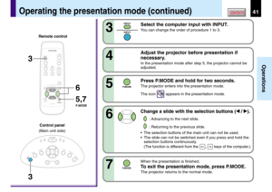 Page 4141
Operations
CONTENTSOperating the presentation mode (continued)
Adjust the projector before presentation if
necessary.
In the presentation mode after step 5, the projector cannot be
adjusted.
4
MENU
ON /INPUT
ENTER
CT-90106
KEYSTONE AUTO SET
EXIT /
P.MODE
PIP FREEZE
MUTE
CALLRESIZE
VOL / ADJ
STANDBY
3
6
5,7
3
P.MODE
KEYSTONE
AUTOSET
EXIT
ON / STANDBY
VOL / ADJ
ENTER
MENU
INPUT
FANTEMPLAMPON
Remote control
Control panel
(Main unit side)
3
5
Press P.MODE and hold for two seconds.
The projector enters...