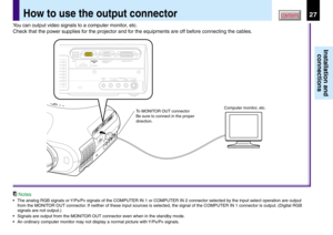 Page 2727
Installation and
connections
CONTENTSHow to use the output connector
USBCOMPUTER IN 1COMPUTER IN 2
S-VIDEO VIDEOVIDEO INR - AUDIO - LAUDIO
IN
(
Y/PB/PR )MONITOR
OUTCONTROL
To MONITOR OUT connector
Be sure to connect in the proper 
direction.Computer monitor, etc.
You can output video signals to a computer monitor, etc.
Check that the power supplies for the projector and for the equipments are off before connecting the cables.
Notes
•The analog RGB signals or Y/PB/PR signals of the COMPUTER IN 1 or...