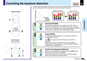 Page 3535
Operations
CONTENTSCorrecting the keystone distortion
A picture may be expanded on the upper side if projected upward from the projector lifted
up by the foot adjuster. The projector can correct this keystone distortion.
MENU
ON /INPUT
ENTER
CT-90113
KEYSTONEAUTO SET
EXIT
PIP FREEZE
MUTE
CALLRESIZE
VOL / ADJ
STANDBY
1
3
2
1 2
KEYSTONE
AUTOSET
EXIT
ON / STANDBY
VOL / ADJ
ENTER
MENU
INPUT
FANTEMPLAMPON
3
Remote control
Control panel
(Main unit side)
1
Press KEYSTONE.
The keystone adjustment menu...