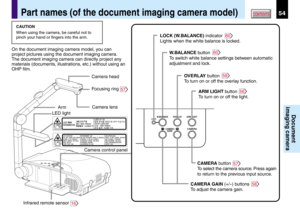 Page 5454CONTENTS
Document
imaging camera
Part names (of the document imaging camera model)
CAUTION
When using the camera, be careful not to
pinch your hand or fingers into the arm.
On the document imaging camera model, you can
project pictures using the document imaging camera.
The document imaging camera can directly project any
materials (documents, illustrations, etc.) without using an
OHP film.
5756
59
60
60
57
58
16
ArmCamera head
Camera lens
LED lightFocusing ring
Camera control panel
CAMERA GAIN (+/
-)...