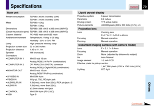 Page 7979
Others
CONTENTSSpecifications
Main unit
Power consumption TLP380: 300W (Standby: 20W)
TLP381: 310W (Standby: 20W)
Mass TLP380: 4.2kg
TLP381: 5.0kg
Dimensions TLP380: 338 x 95.5 x 265 (mm) (W/H/D)
(Except the protrusion parts)TLP381: 338 x 95.5 x 328 (mm) (W/H/D)
Cabinet Material PC+ABS resin and ABS resin
Ambient environment Temperature : 0 deg. to 35 deg.
Humidity : 30% to 70% RH
Lamp High pressure mercury lamp
Projection screen size 32 to 300 inches
Projection distance 1.42 to 11.1m
Speaker 1W...