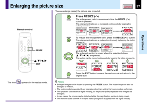 Page 3737
Operations
CONTENTS
You can enlarge (resize) the picture size projected.
Enlarging the picture size
Press RESIZE ().
The enlargement ratio increases each time the RESIZE ()
button is pressed.
The enlargement ratio can be increased continuously by keeping the
button pressed in.
To reduce the enlargement ratio, press the RESIZE () button.
The enlargement ratio can be reduced continuously by keeping the button
pressed in.
The enlarged section is moved when the selection buttons
(
 /  /  / ) are pressed....