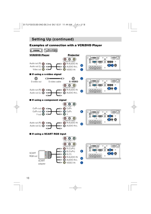 Page 1818
Setting Up (continued) Setting Up (continued)
CR/PRCB/PB
  VIDEO R-AUDIO IN-L
S-VIDEOBNC RGB AUDIO IN1
AUDIO IN2
RGB OUTAUDIO OUT
R/C
R/PRG/Y B/CB/PBHVY CONTROL  NETWORK
REMOTE CONTROL
HI
CR/PRCB/PB
REMOTE CONTROL
  VIDEO R-AUDIO IN-L
S-VIDEOBNC RGB AUDIO IN1
AUDIO IN2
RGB OUTAUDIO OUT
R/C
R/PRG/Y B/CB/PBHVY CONTROL  NETWORKHJ
CR/PRCB/PB
REMOTE CONTROL
  VIDEO R-AUDIO IN-L
S-VIDEOBNC RGB AUDIO IN1
AUDIO IN2
RGB OUTAUDIO OUT
R/C
R/PRG/Y B/CB/PBHVY CONTROL  NETWORKH
K
VCR/DVD PlayerProjector
■If using a...