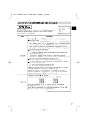 Page 3737
Multifunctional Settings (continued) Multifunctional Settings (continued)
AUTO Menu
With the AUTO menu, the items shown in the table below can be
performed. Perform each operation in accordance with the
instructions in the table below.
ItemDescription
ADJUST
Pressing the  (or the ENTER) button performs the automatic adjustment. 
■For an RGB signal
The vertical position (V POSITION), the horizontal position (H POSITION), the
clock phase (H PHASE) and the horizontal size (H SIZE) will be automatically...